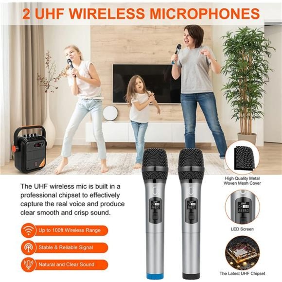 Karaoke Machine with 2UHF Wireless Microphone,5200mAh PortableMicrophone Speaker - Picture 5 of 6